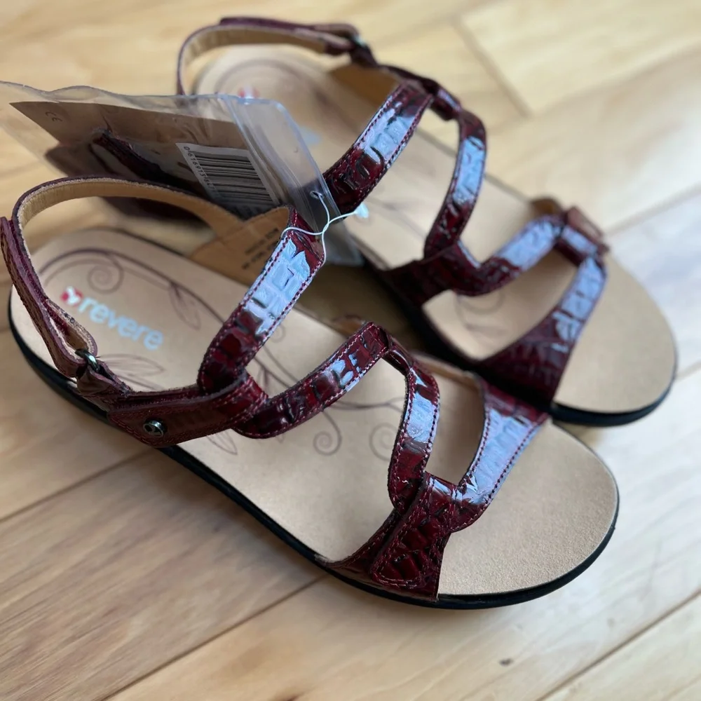 NWT Revere 3-Strap Classic Leather Orthotic Sandals in Miami Red Croc - Picture 9 of 12
